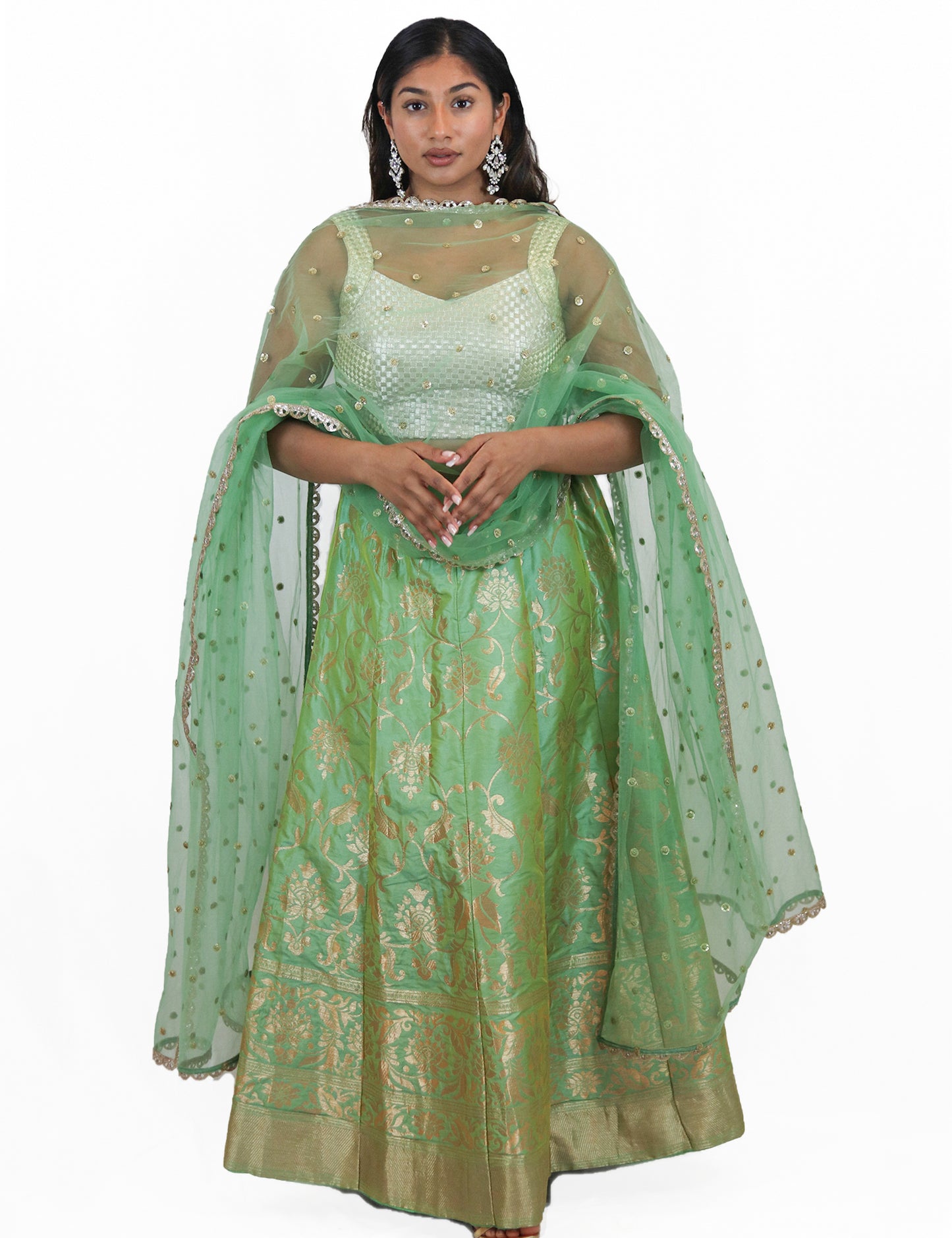 Rent Pistachio Green Brocade Lehenga & Mix Tone Blouse With Tulle Dupatta