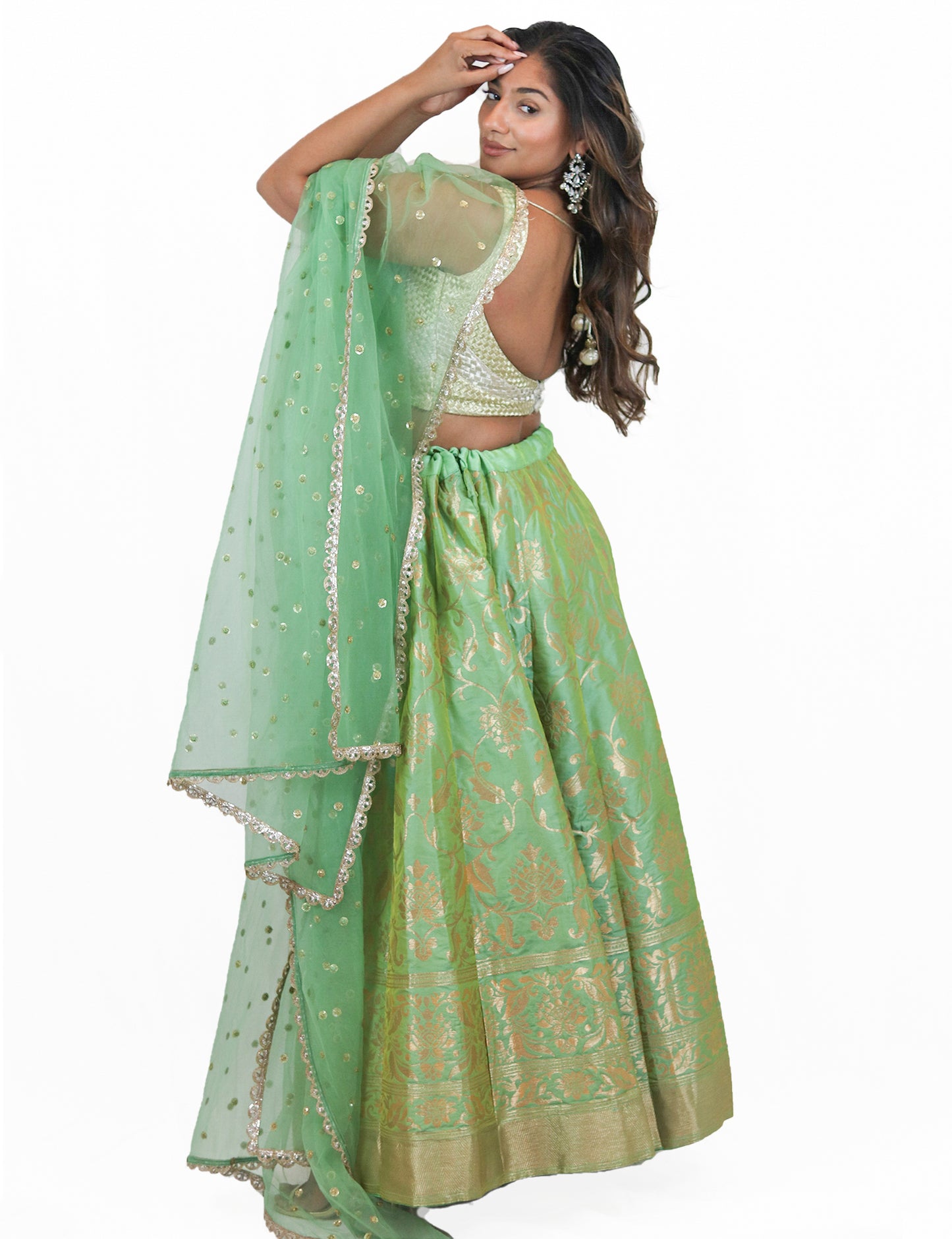 Rent Pistachio Green Brocade Lehenga & Mix Tone Blouse With Tulle Dupatta