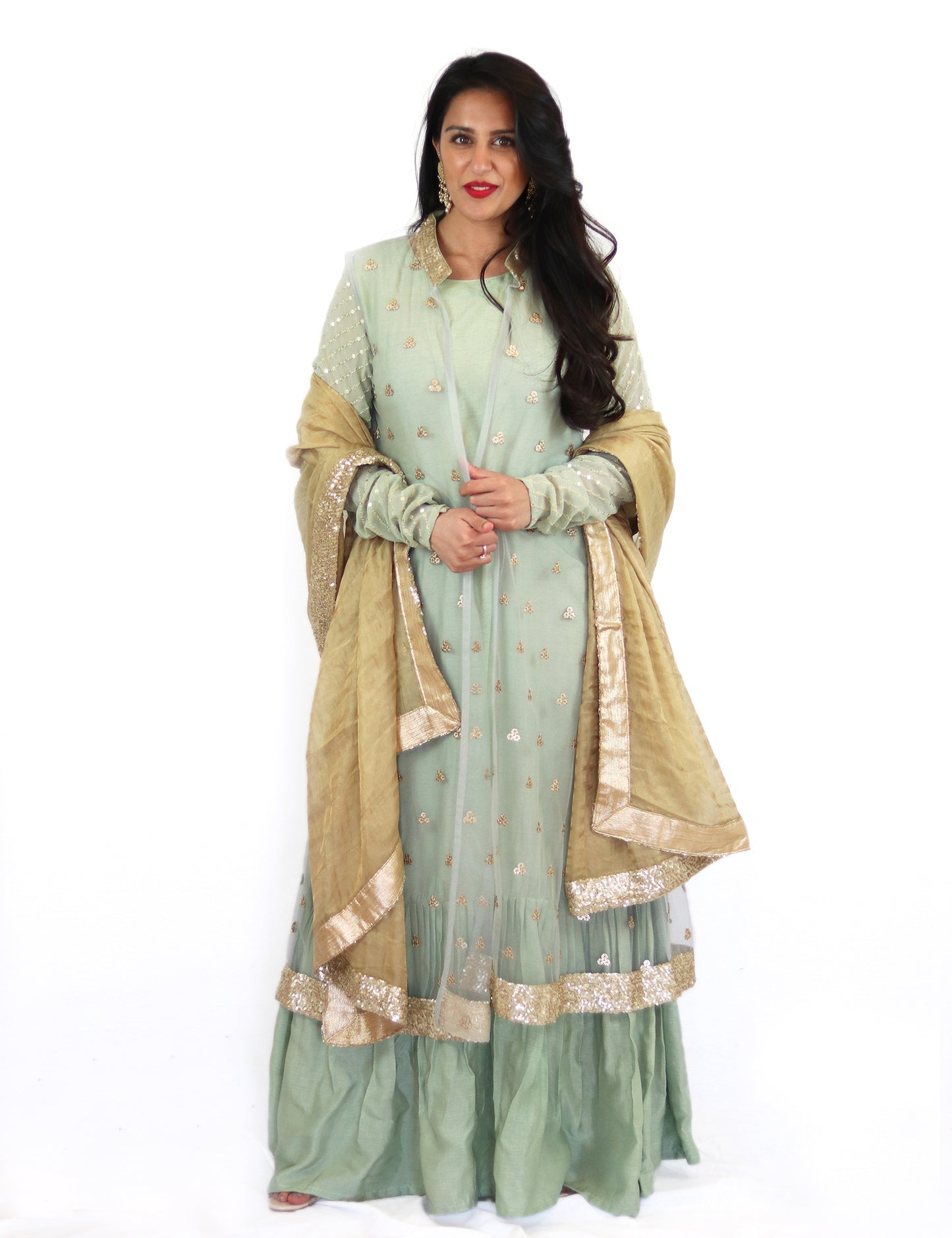 Rent Pistachio Full Length Anarkali With Jacket & Golden Dupatta