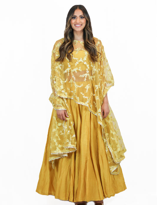 Rent Yellow Lehenga with Bustier & Embroidered Cape 