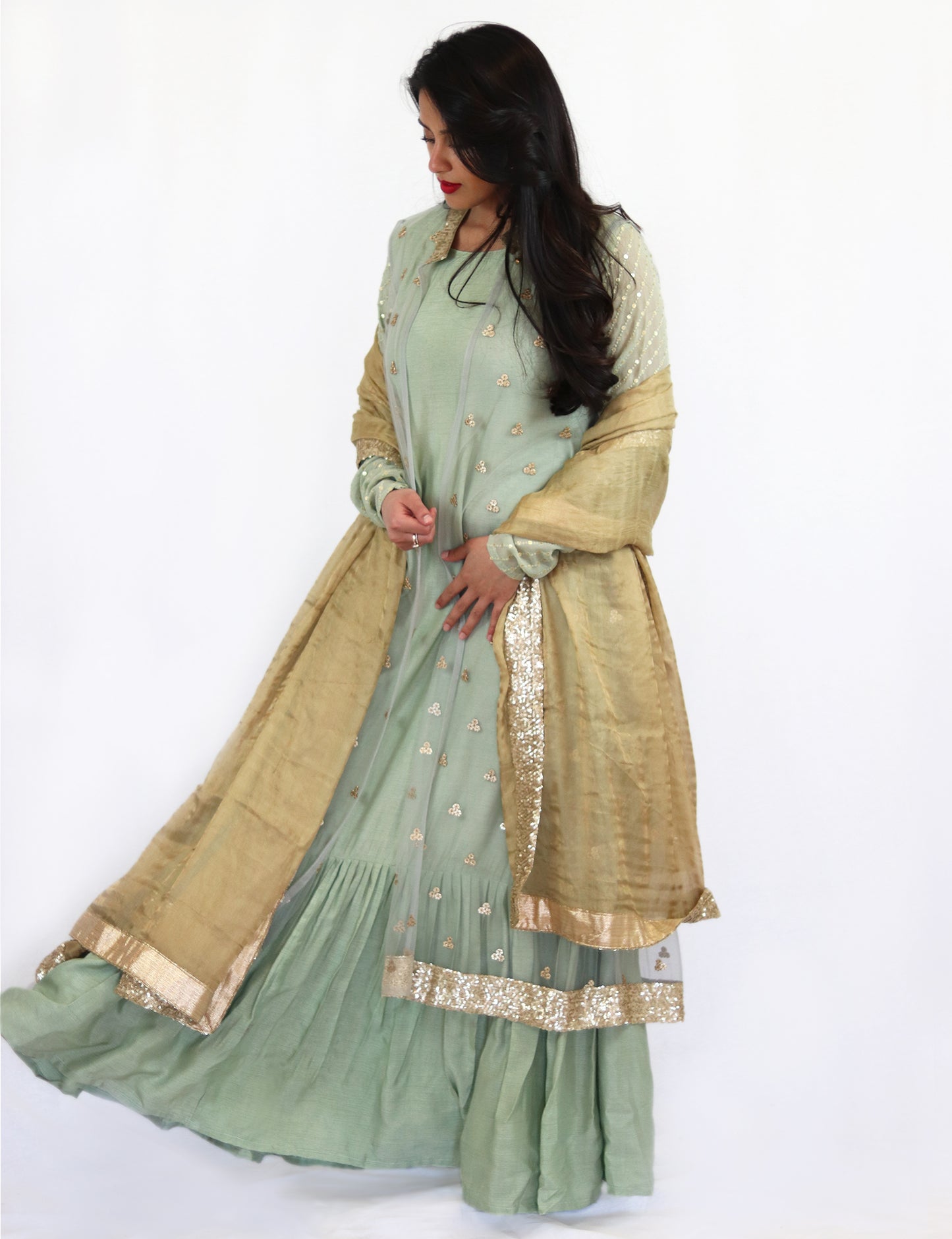 Rent Pistachio Full Length Anarkali With Jacket & Golden Dupatta