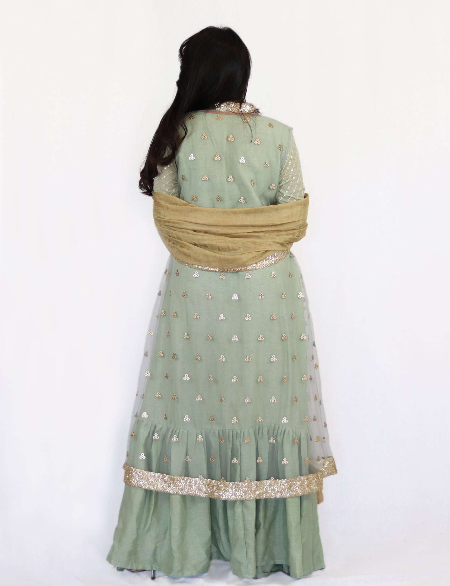 Rent Pistachio Full Length Anarkali With Jacket & Golden Dupatta