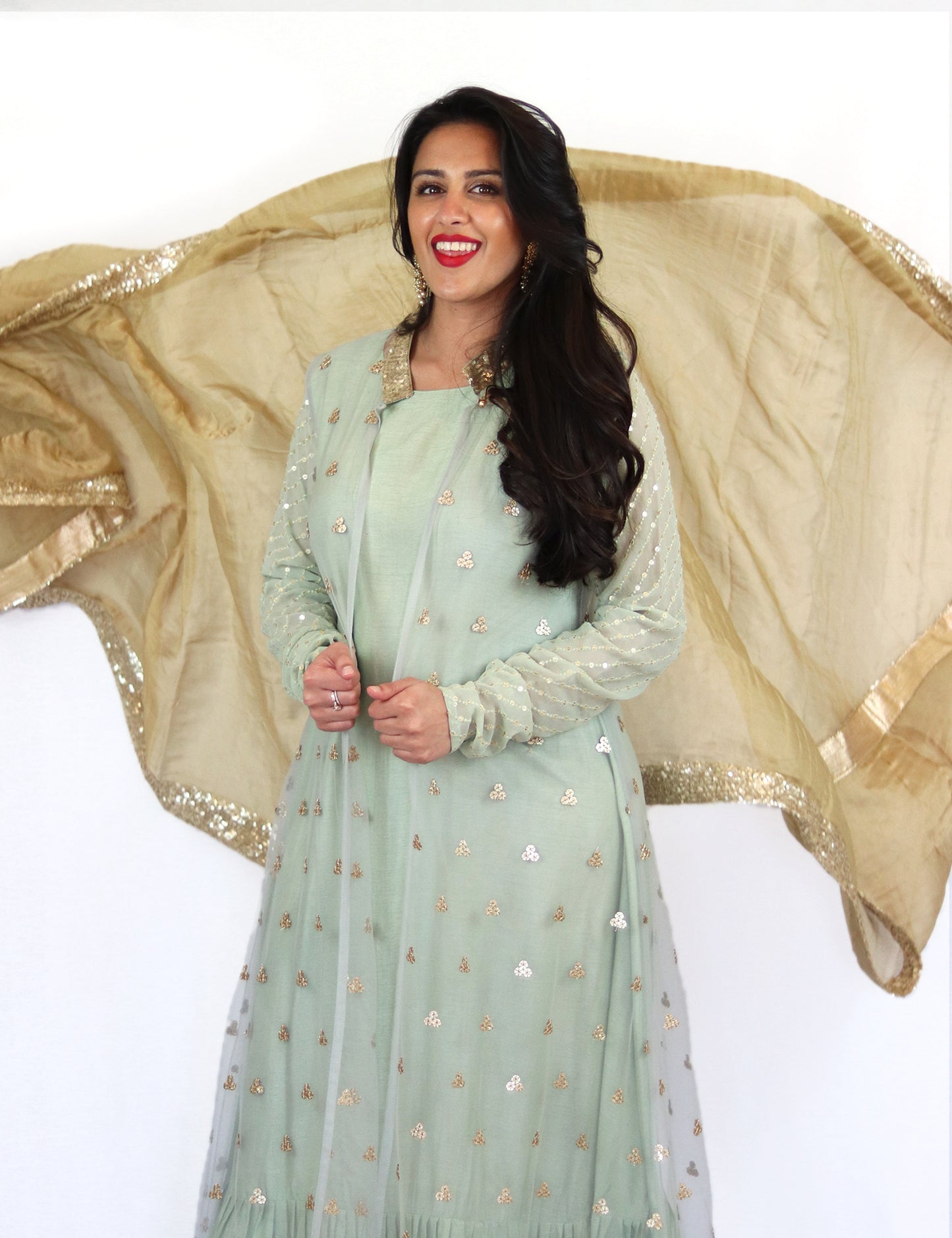 Rent Pistachio Full Length Anarkali With Jacket & Golden Dupatta