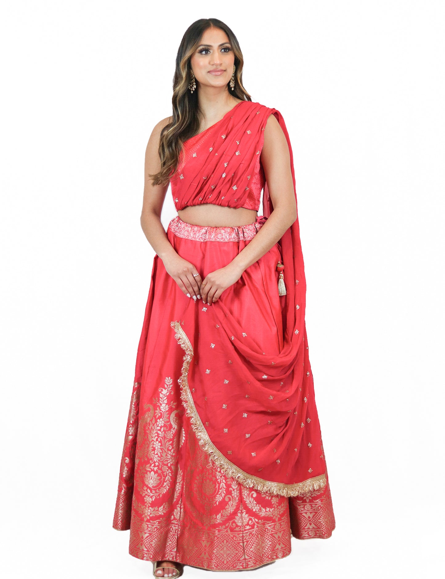 Rent Pink Brocade Lehenga & One Shoulder Blouse