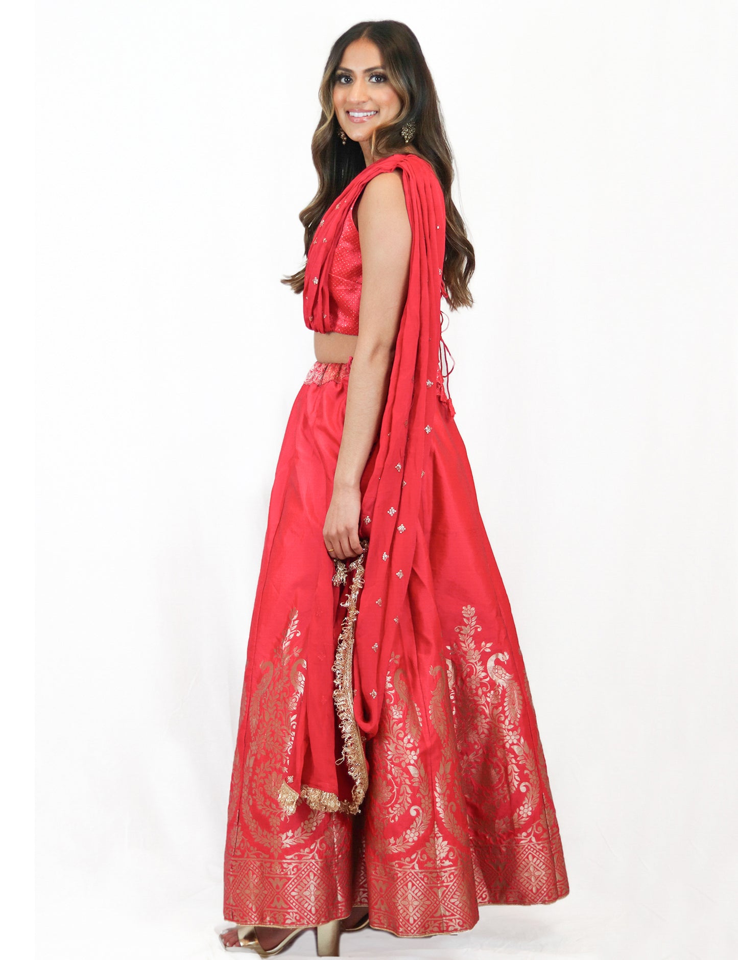 Rent Pink Brocade Lehenga & One Shoulder Blouse