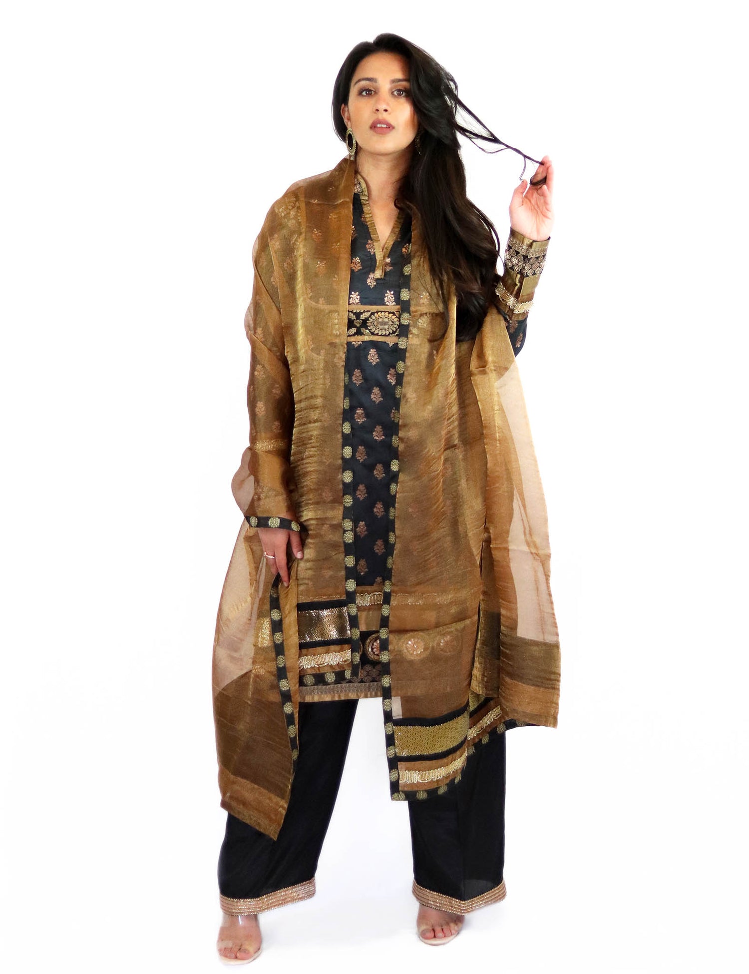 Rent Black Brocade Kurta With Pants & Golden Dupatta