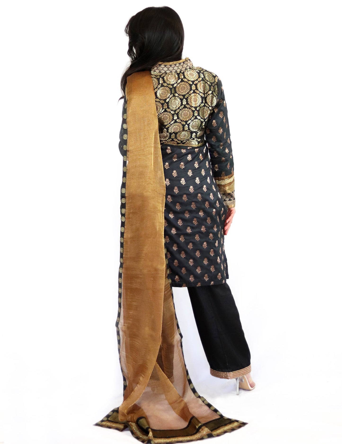 Rent Black Brocade Kurta With Pants & Golden Dupatta