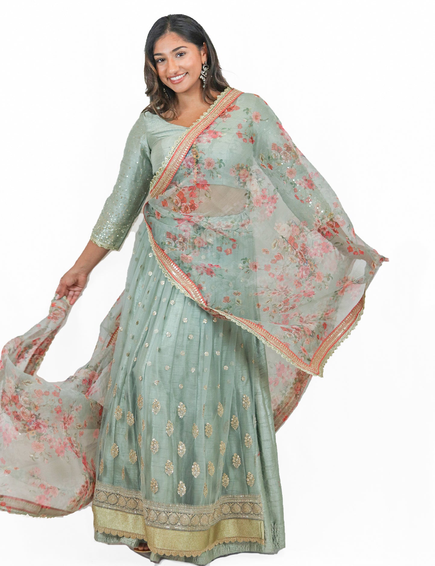 Rent Mint Green Lehenga and Blouse with Floral Dupatta