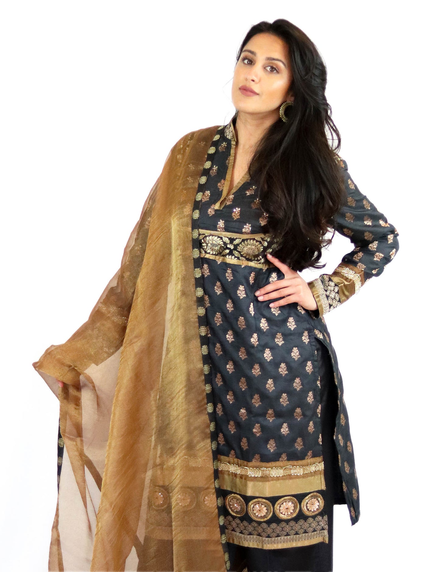 Rent Black Brocade Kurta With Pants & Golden Dupatta