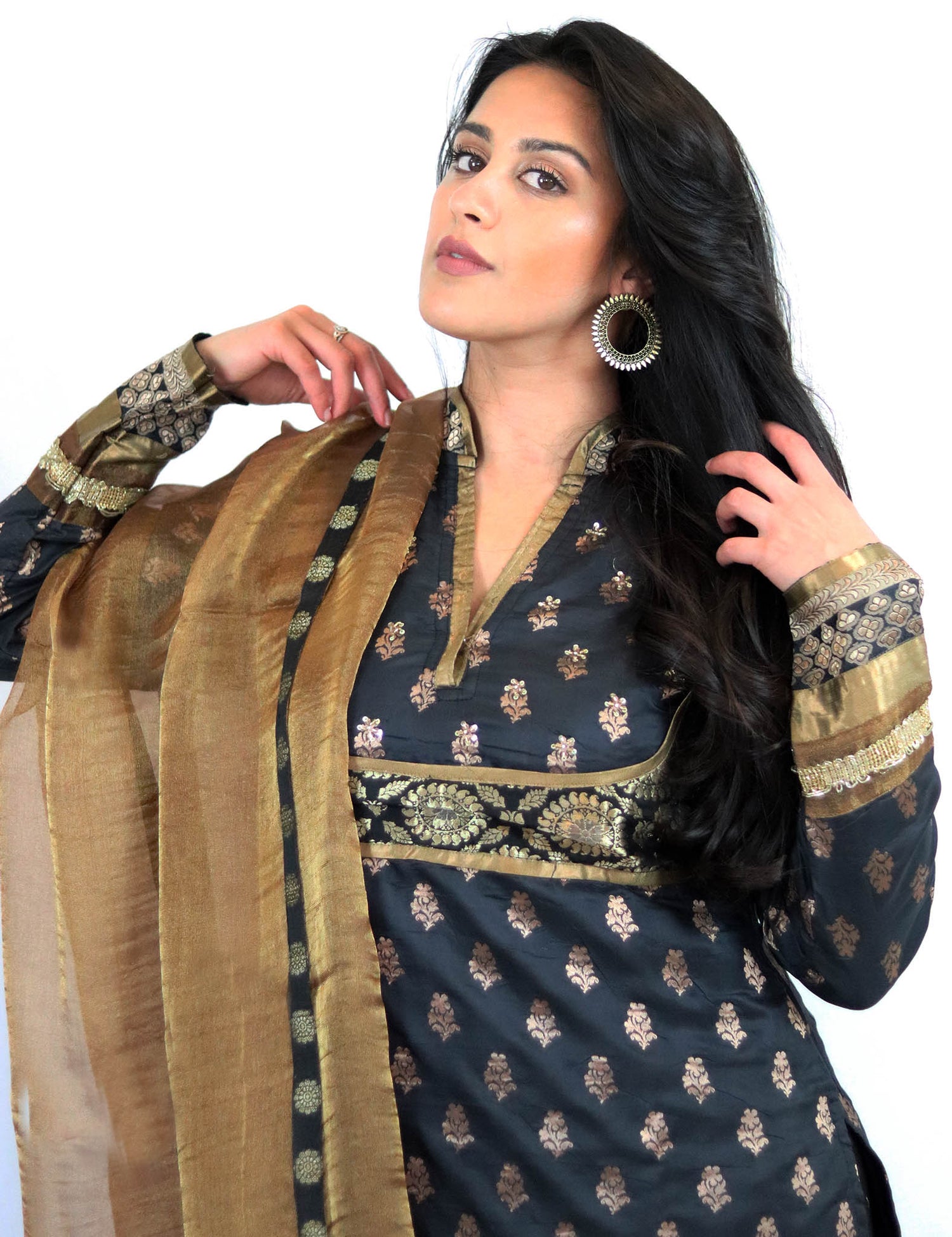 Rent Black Brocade Kurta With Pants & Golden Dupatta