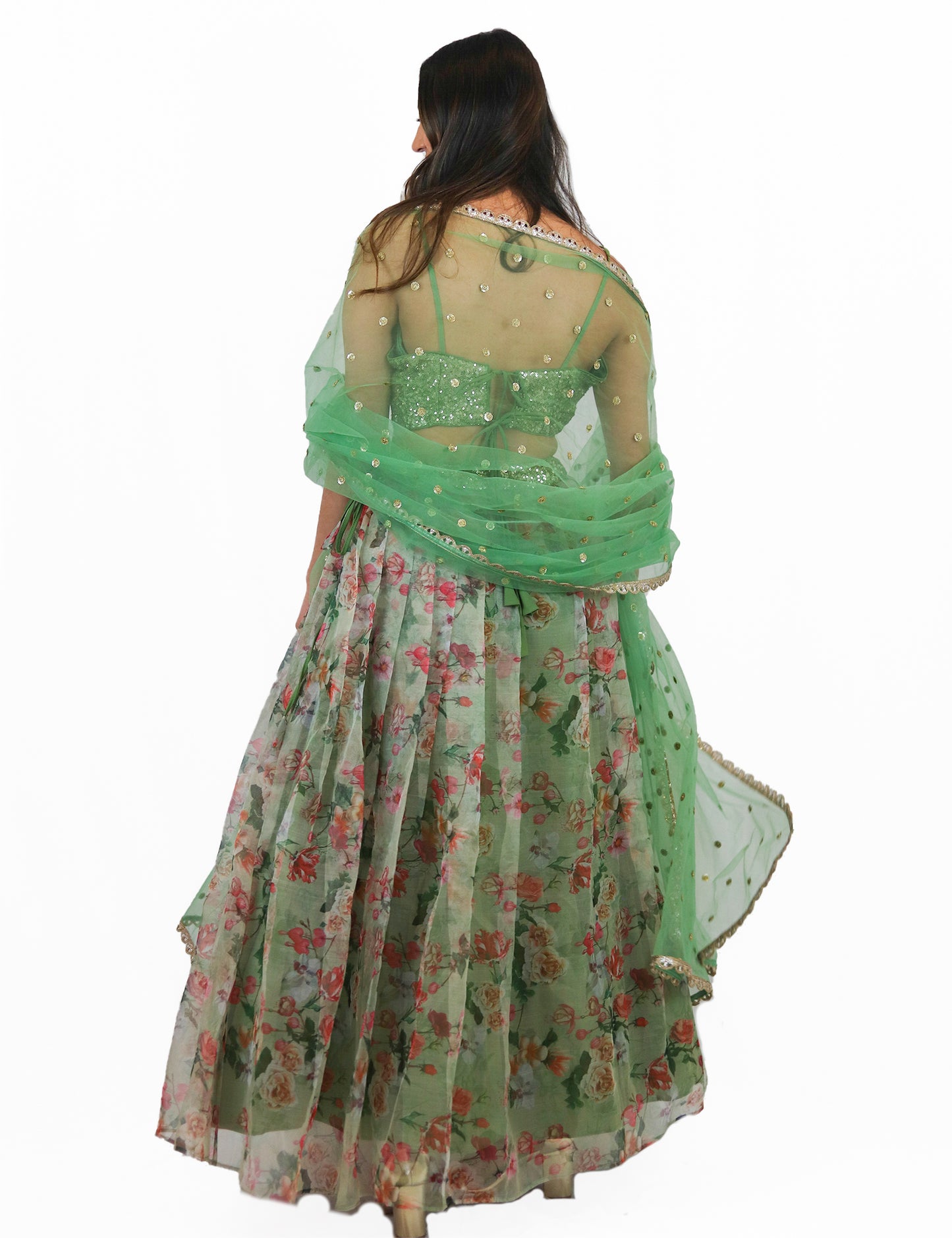 Rent Green Floral Lehenga & Sequin Blouse With Tulle Dupatta
