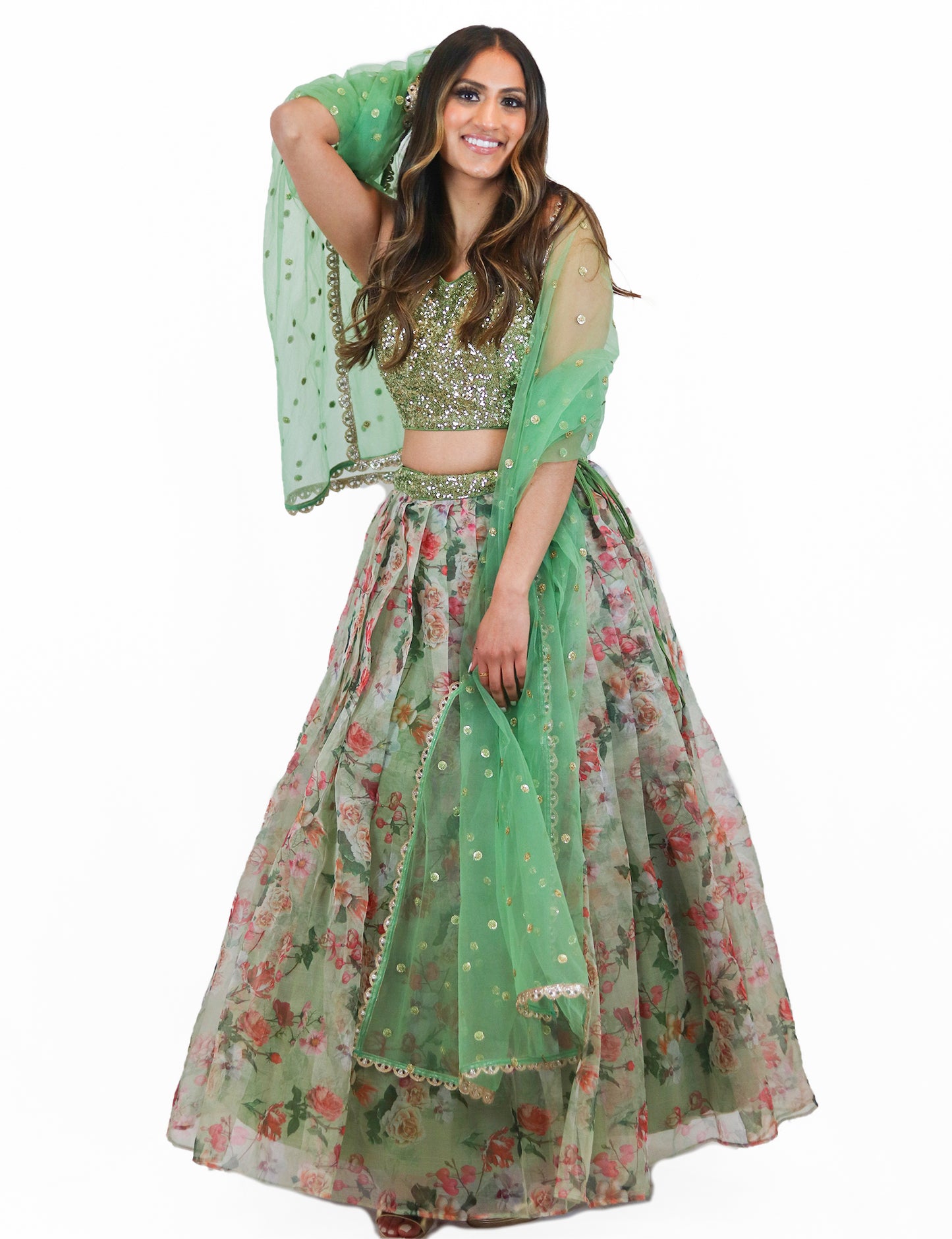 Rent Green Floral Lehenga & Sequin Blouse With Tulle Dupatta