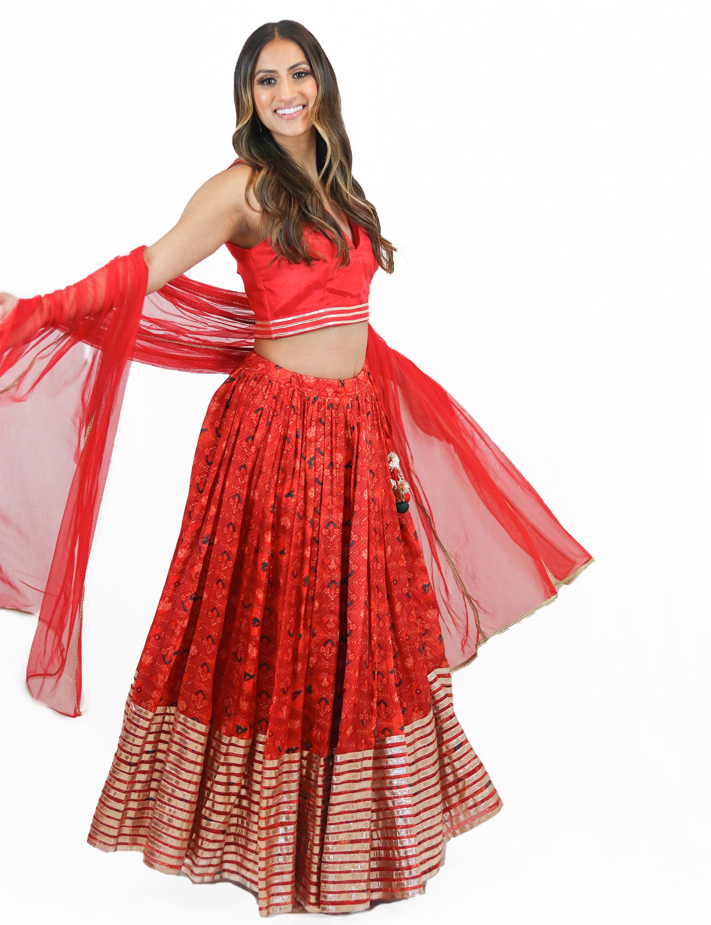 Rent Red Printed Lehenga Skirt with Matching Blouse & Dupatta