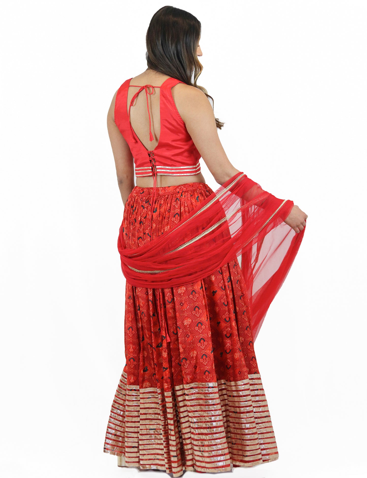 Rent Red Printed Lehenga Skirt with Matching Blouse & Dupatta