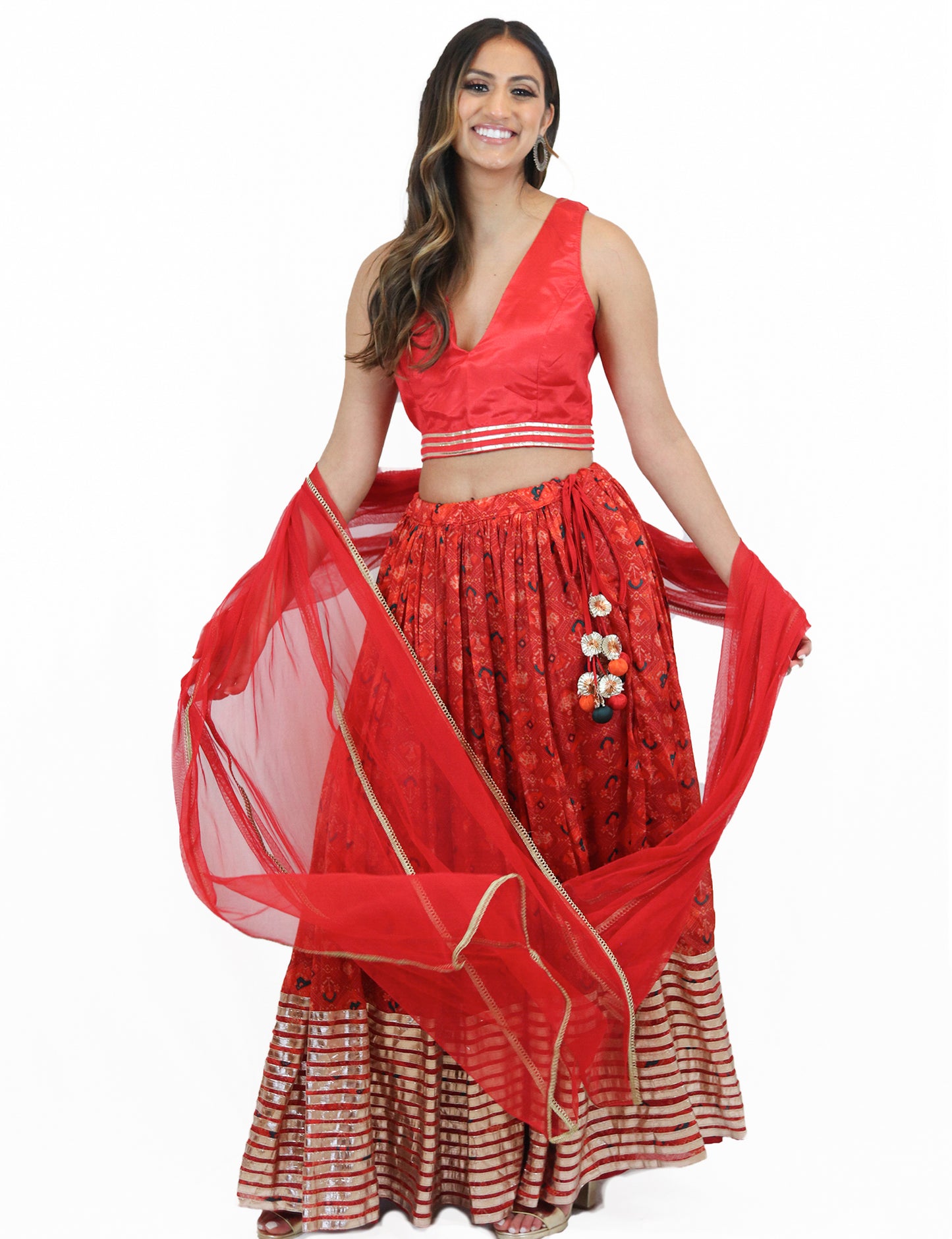 Rent Red Printed Lehenga Skirt with Matching Blouse & Dupatta