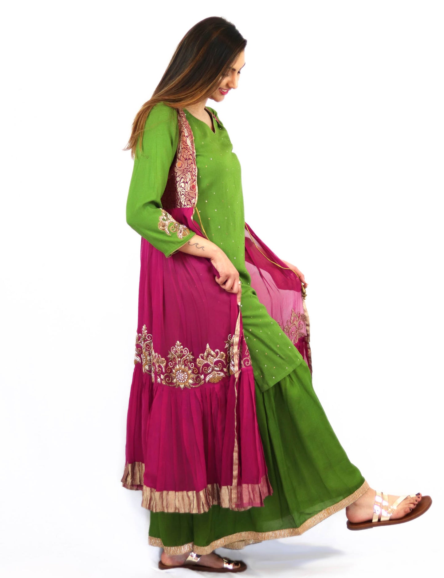 Rent Green Kurta & Sharara With Pink Embroidered Jacket