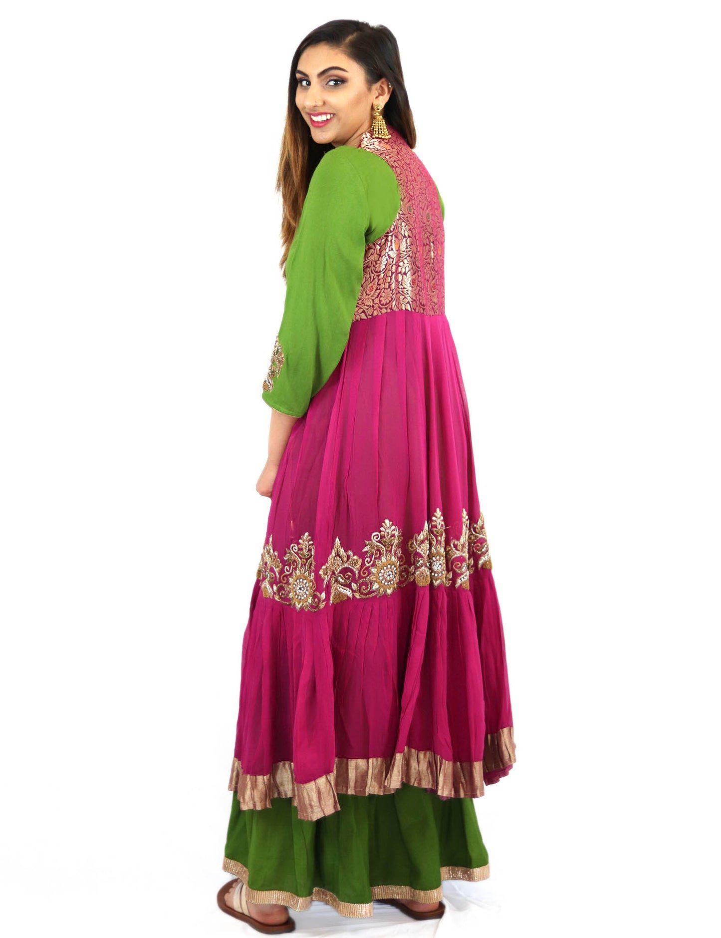 Rent Green Kurta & Sharara With Pink Embroidered Jacket