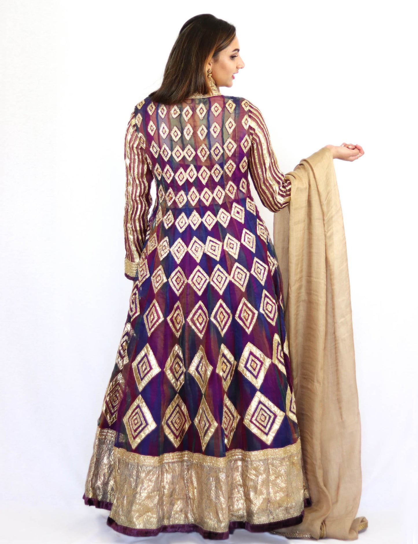 Rent Purple Full Length Gown With Golden Dupatta