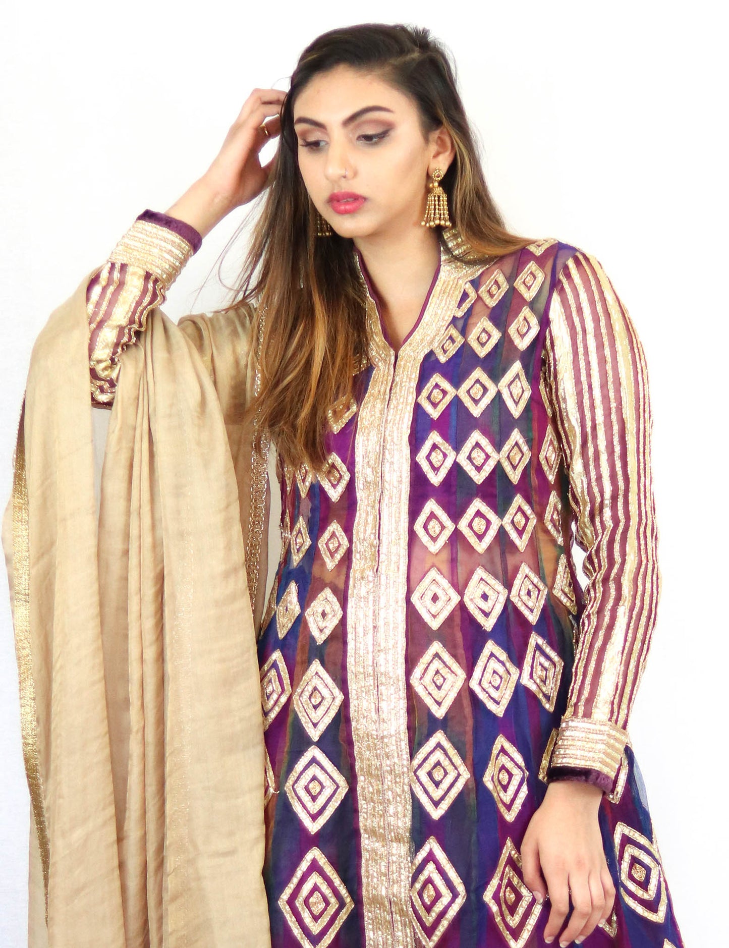 Rent Purple Full Length Gown With Golden Dupatta