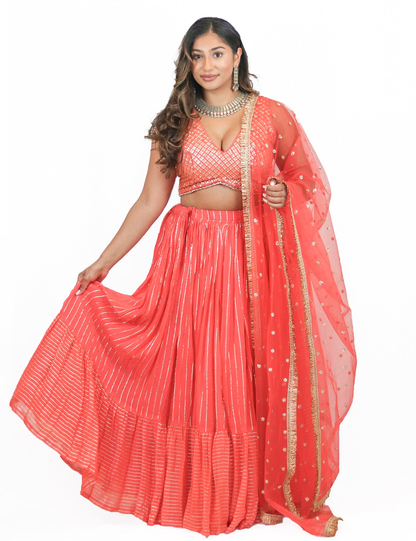 Rent Orange Lehenga & Sequin Embroidered Blouse with Tulle Dupatta