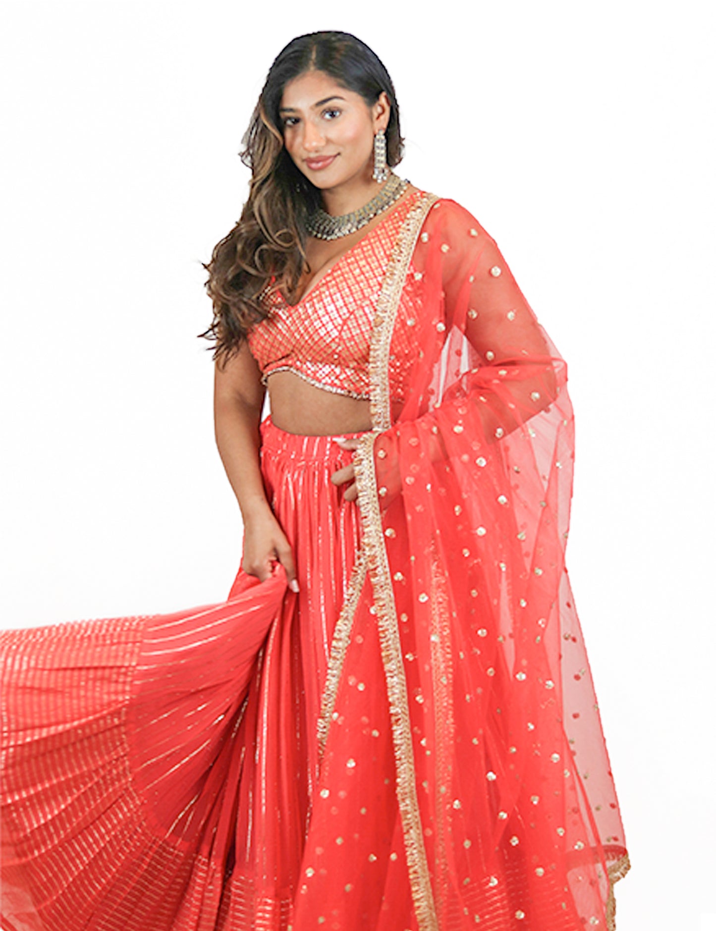 Rent Orange Lehenga & Sequin Embroidered Blouse with Tulle Dupatta