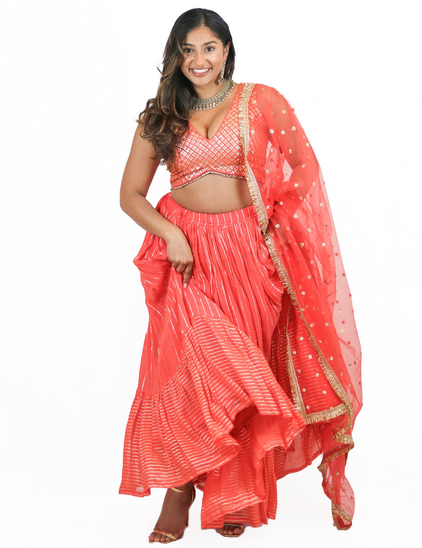 Rent Orange Lehenga & Sequin Embroidered Blouse with Tulle Dupatta