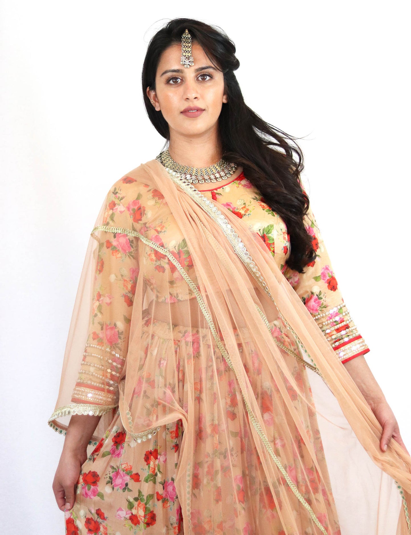 Rent Biege Floral Lehenga With Blouse & Dupatta