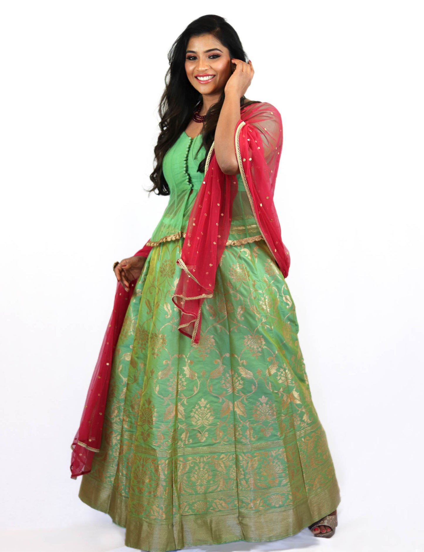 Rent Pastel Green Brocade Lehenga & Blouse With Magenta Dupatta