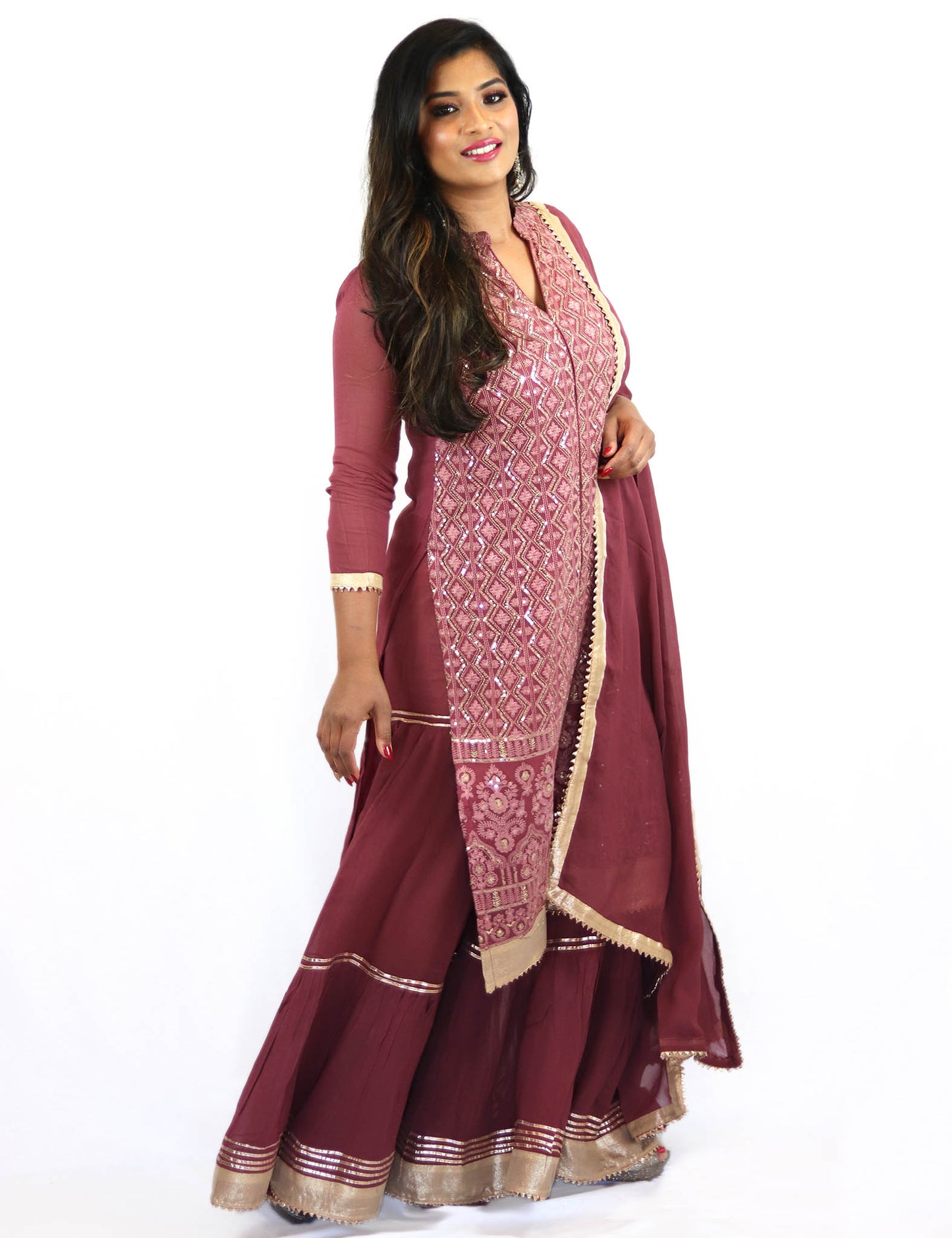 Rent Magenta Embroidered Kurta With Sharara & Dupatta