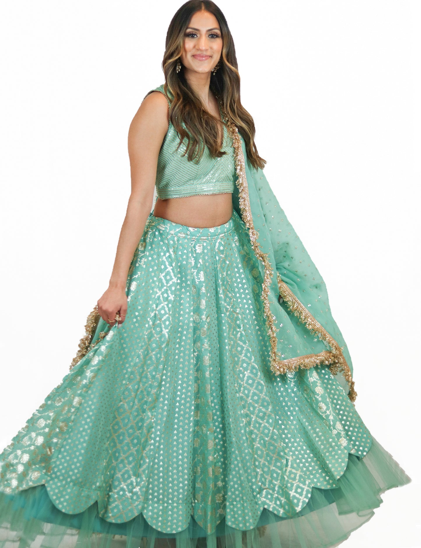 Rent Turquoise Lehenga & Sequin Embroidered Blouse with Organza Dupatta