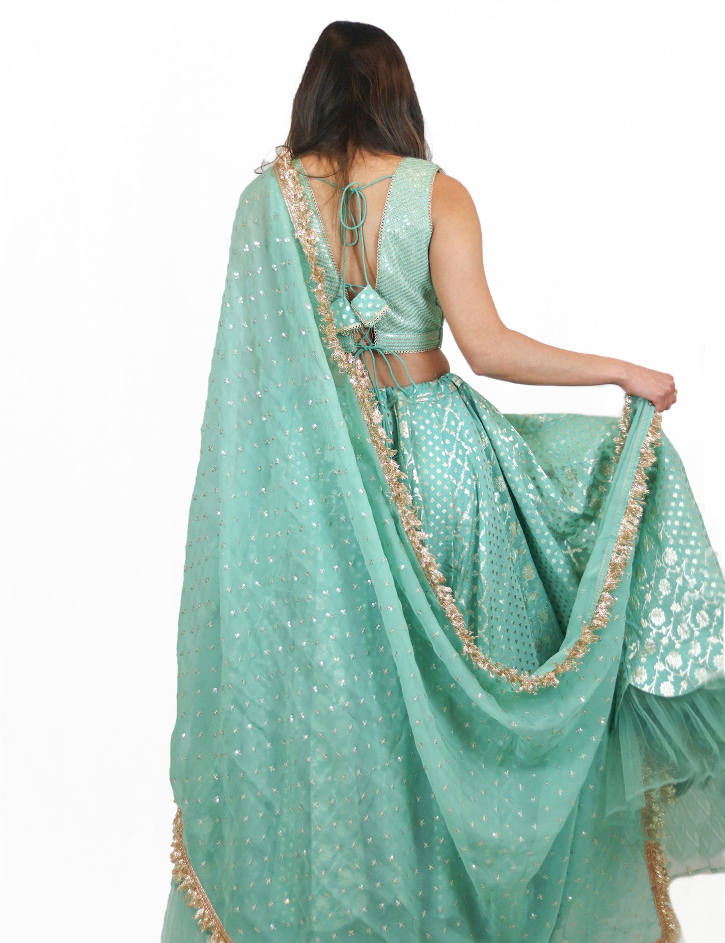 Rent Turquoise Lehenga & Sequin Embroidered Blouse with Organza Dupatta