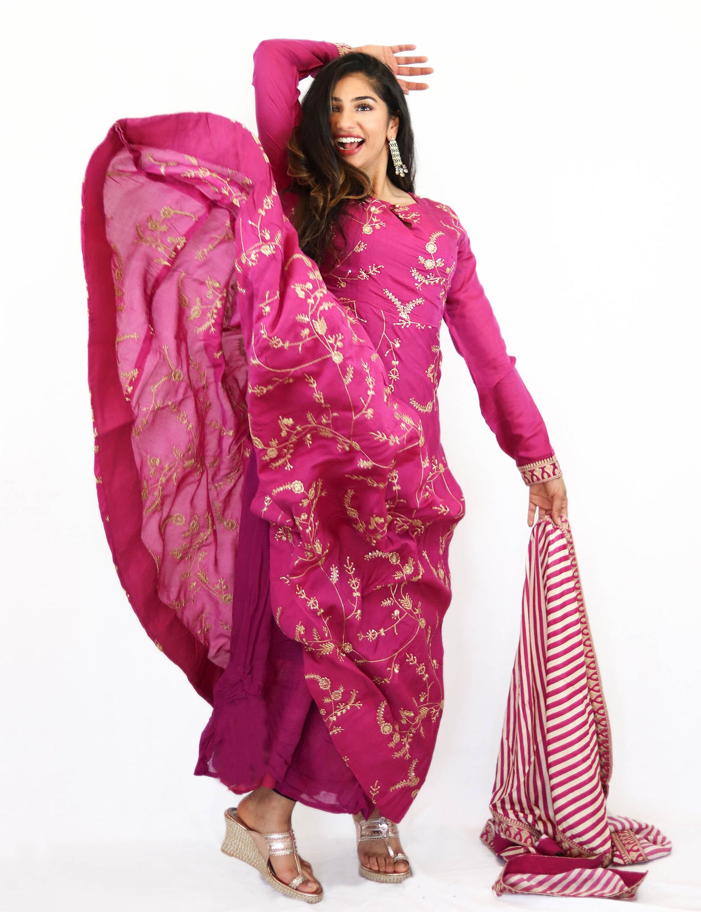 Rent Pink Full Length Anarkali With Striped Dupatta