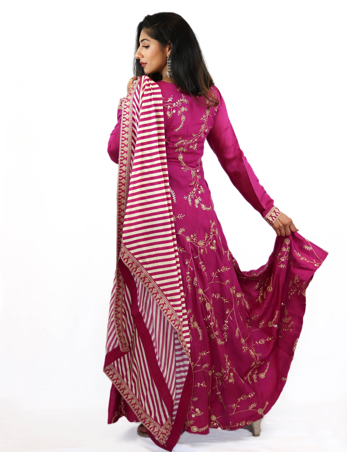 Rent Pink Full Length Anarkali With Striped Dupatta
