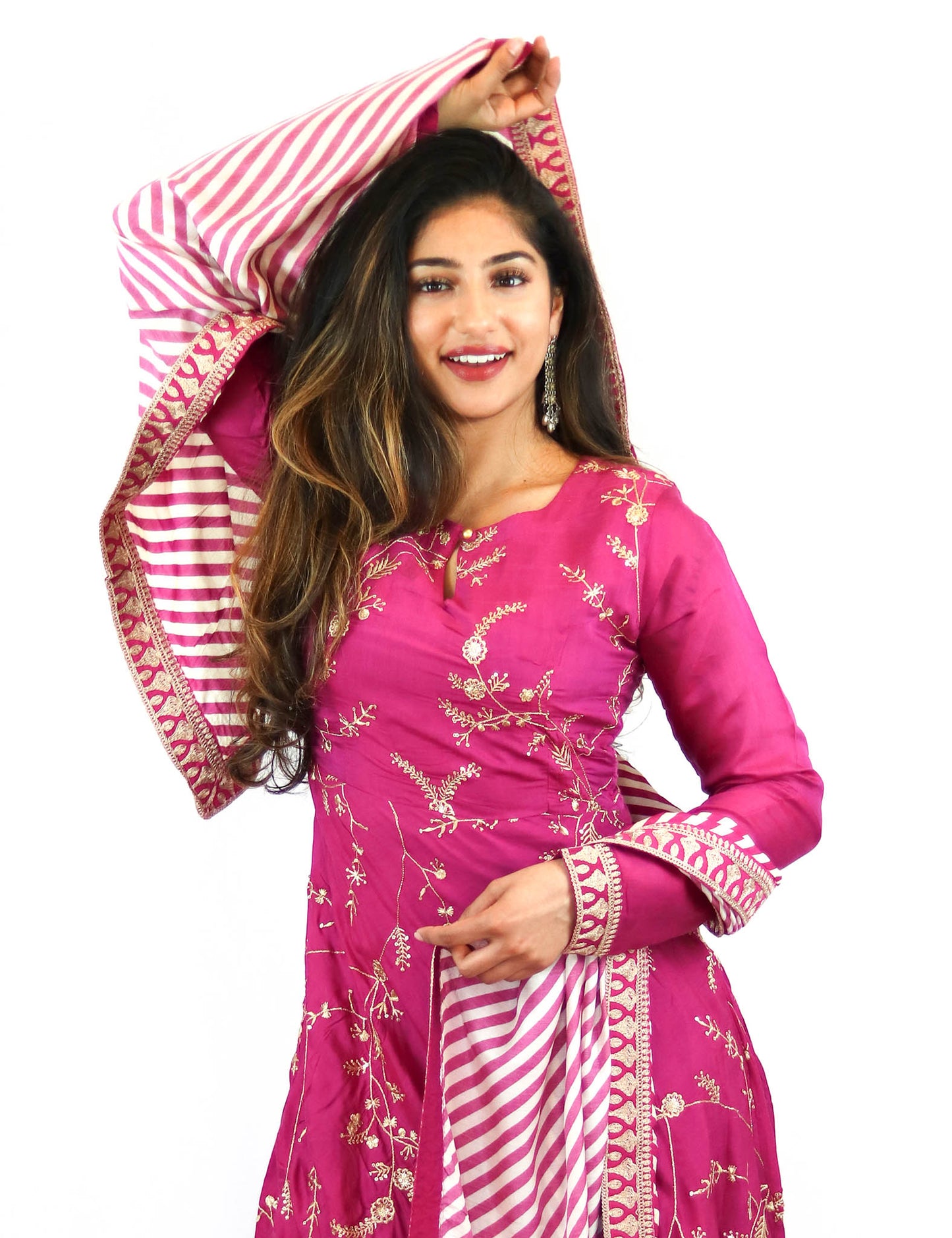 Rent Pink Full Length Anarkali With Striped Dupatta