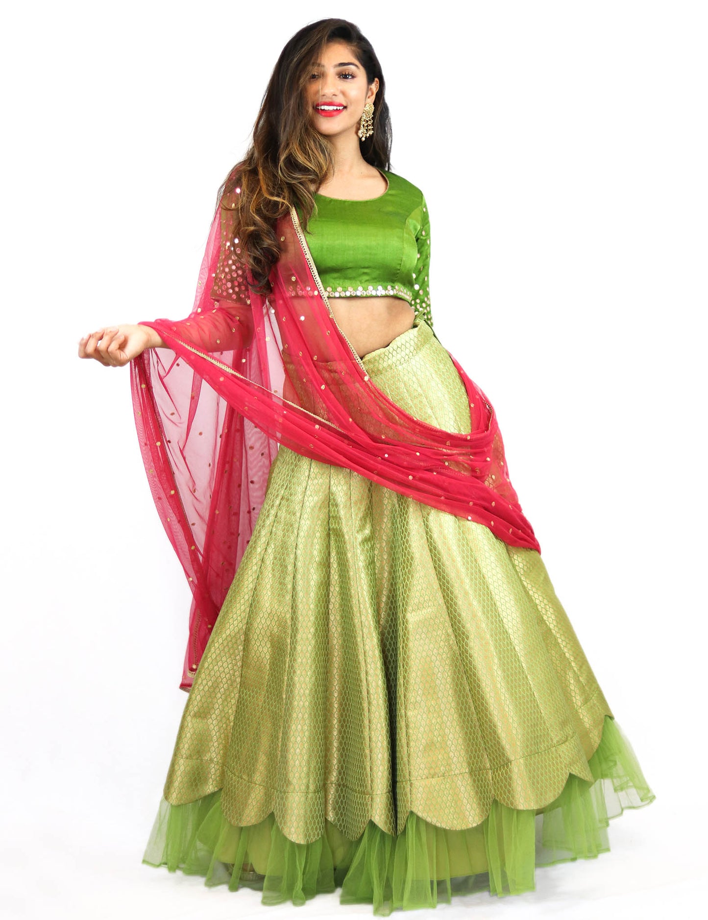 Rent Green Brocade Lehenga & Blouse With Magenta Dupatta