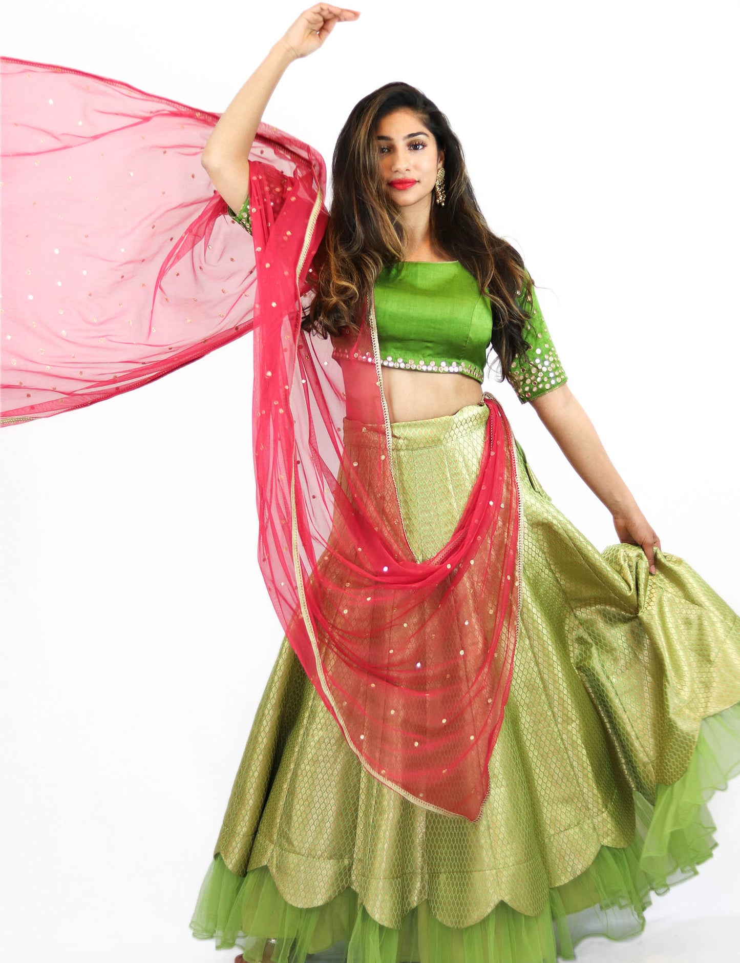 Rent Green Brocade Lehenga & Blouse With Magenta Dupatta