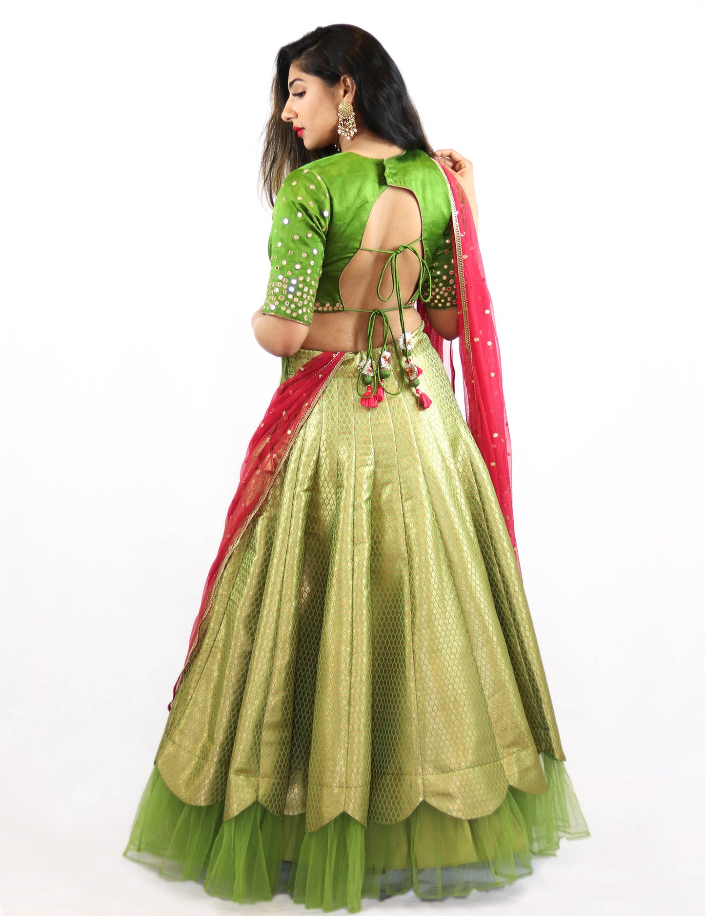 Rent Green Brocade Lehenga & Blouse With Magenta Dupatta