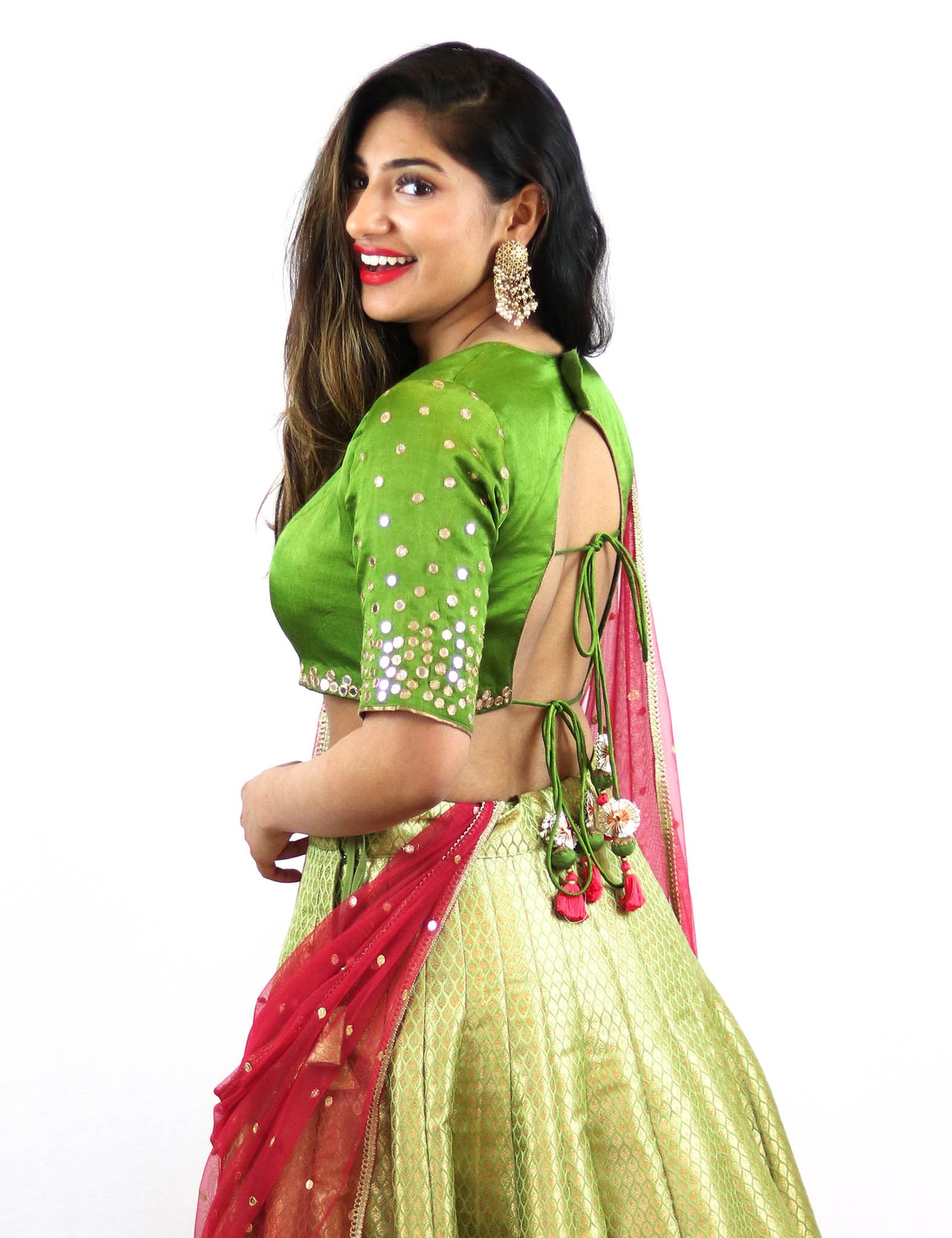 Rent Green Brocade Lehenga & Blouse With Magenta Dupatta