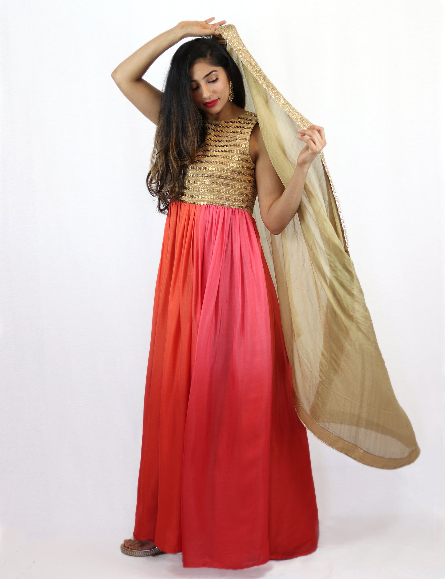 Rent Pink Shaded Full Length Anarkali With Golden Dupatta