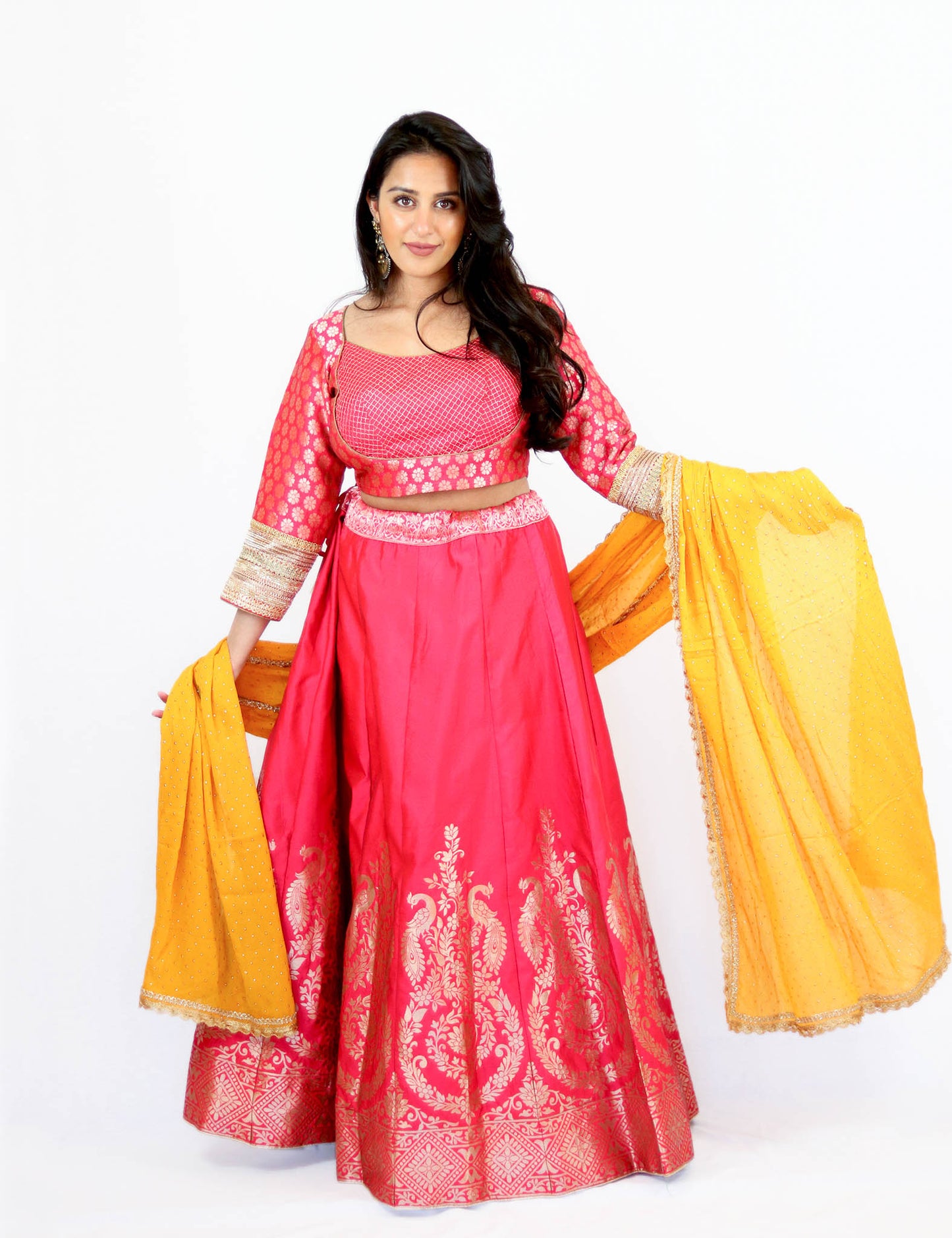 Rent Pink Brocade Lehenga & Embroidered Blouse With Yellow Dupatta