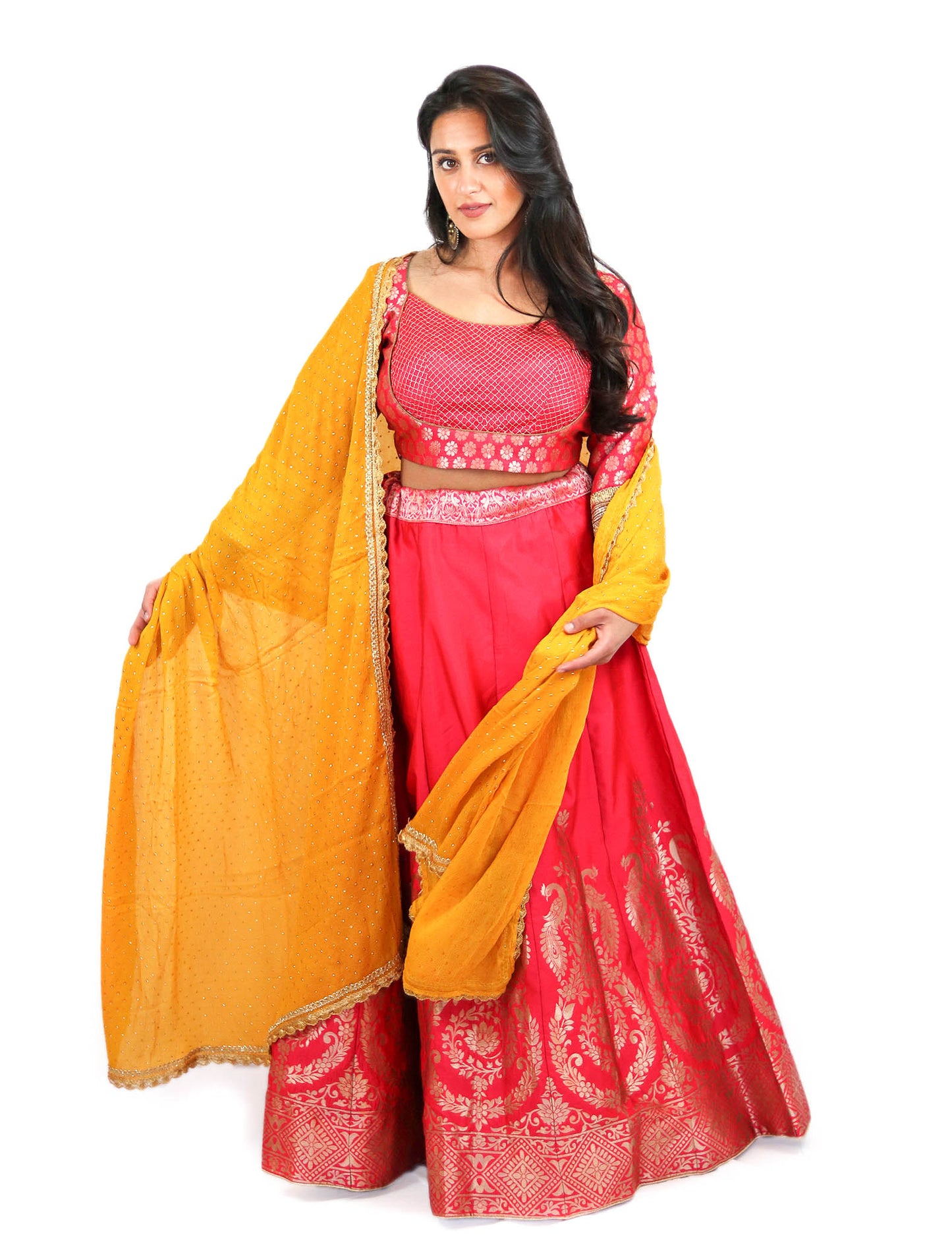 Rent Pink Brocade Lehenga & Embroidered Blouse With Yellow Dupatta