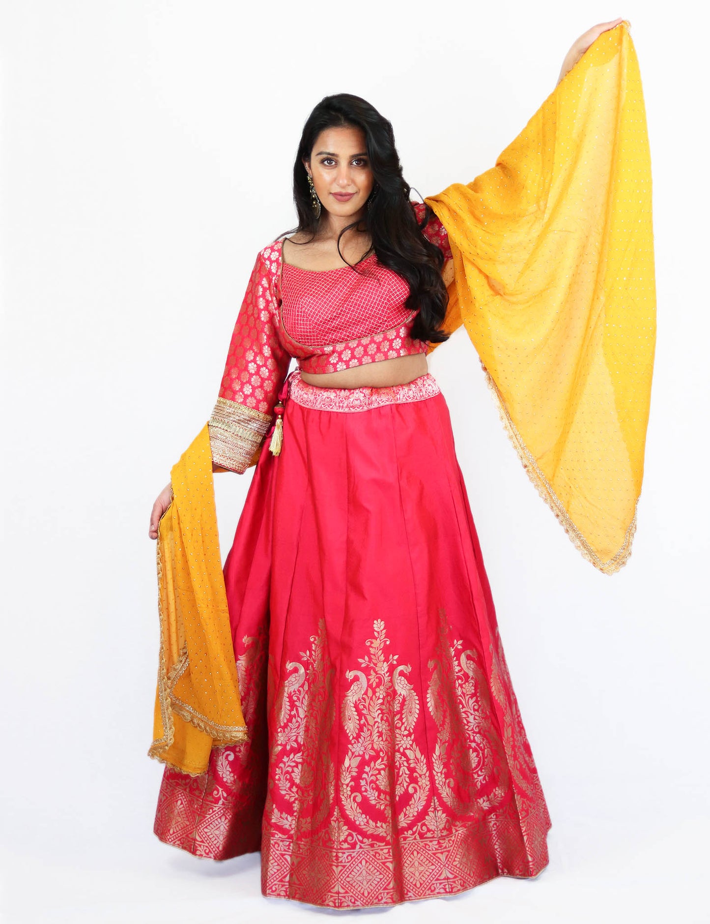 Rent Pink Brocade Lehenga & Embroidered Blouse With Yellow Dupatta