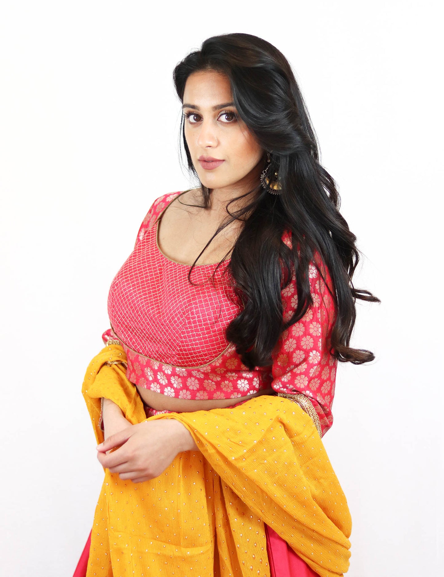 Rent Pink Brocade Lehenga & Embroidered Blouse With Yellow Dupatta
