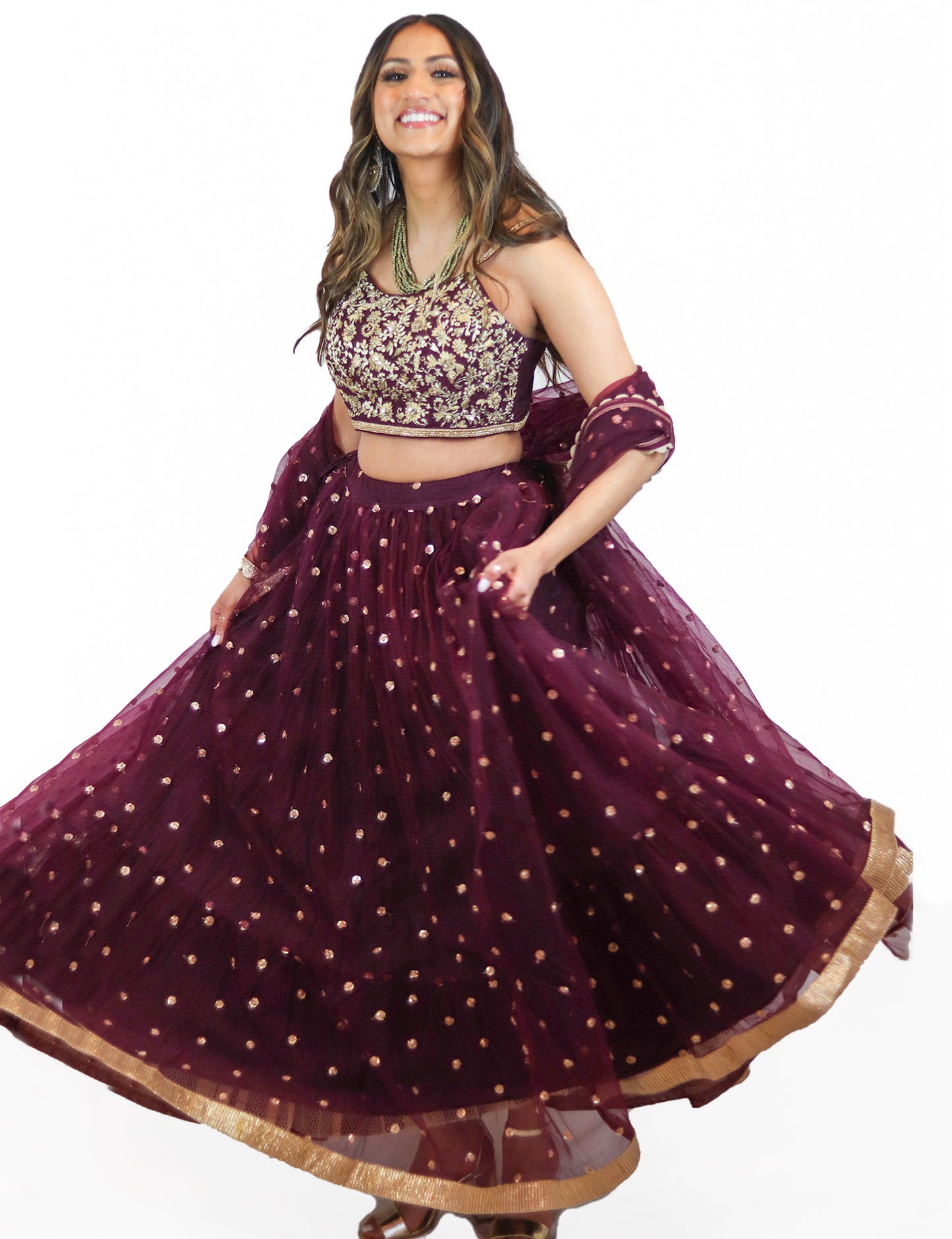 Rent Purple Lehenga Set with Sequin Thread Embroidered Blouse & Tulle Dupatta