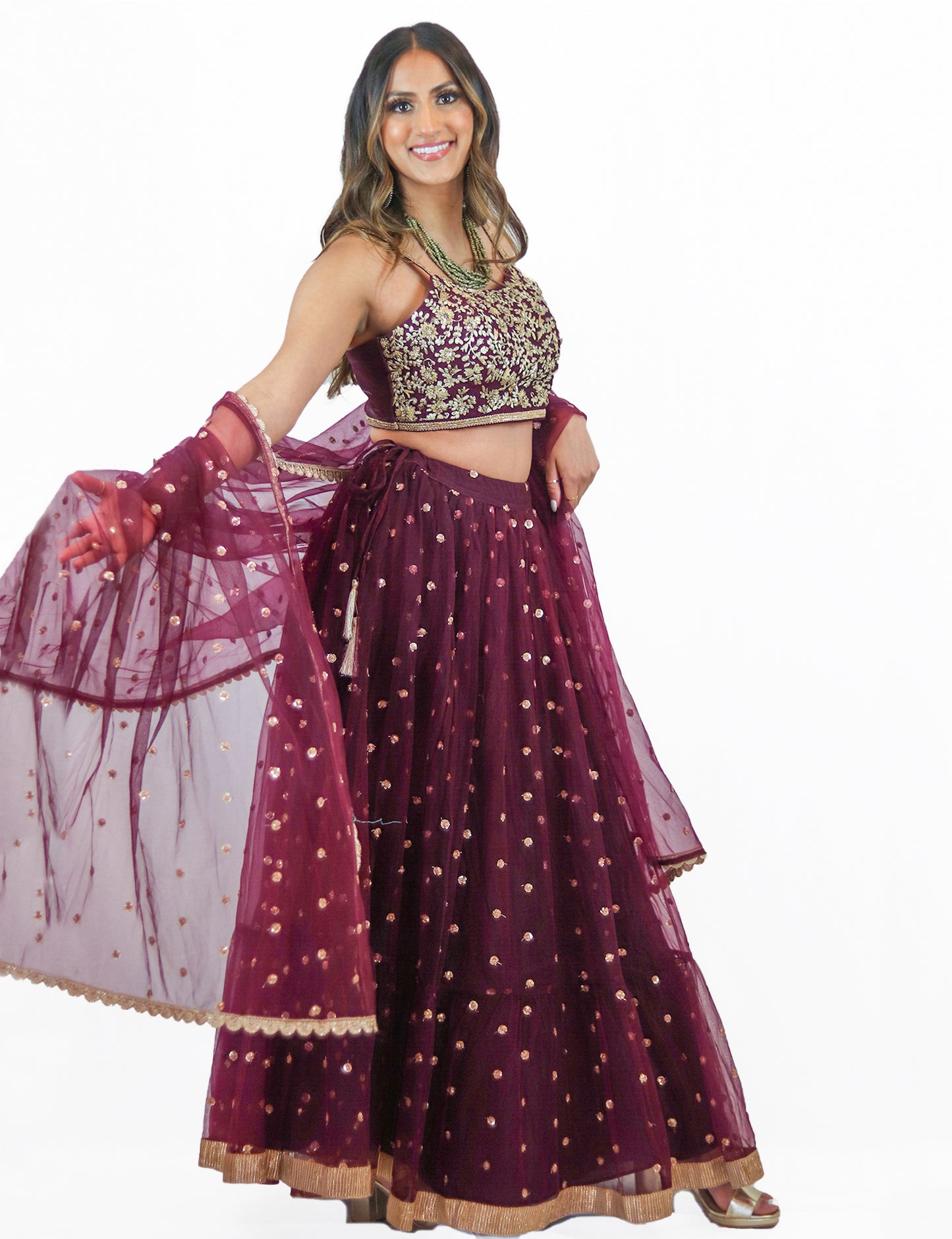 Rent Purple Lehenga Set with Sequin Thread Embroidered Blouse & Tulle Dupatta