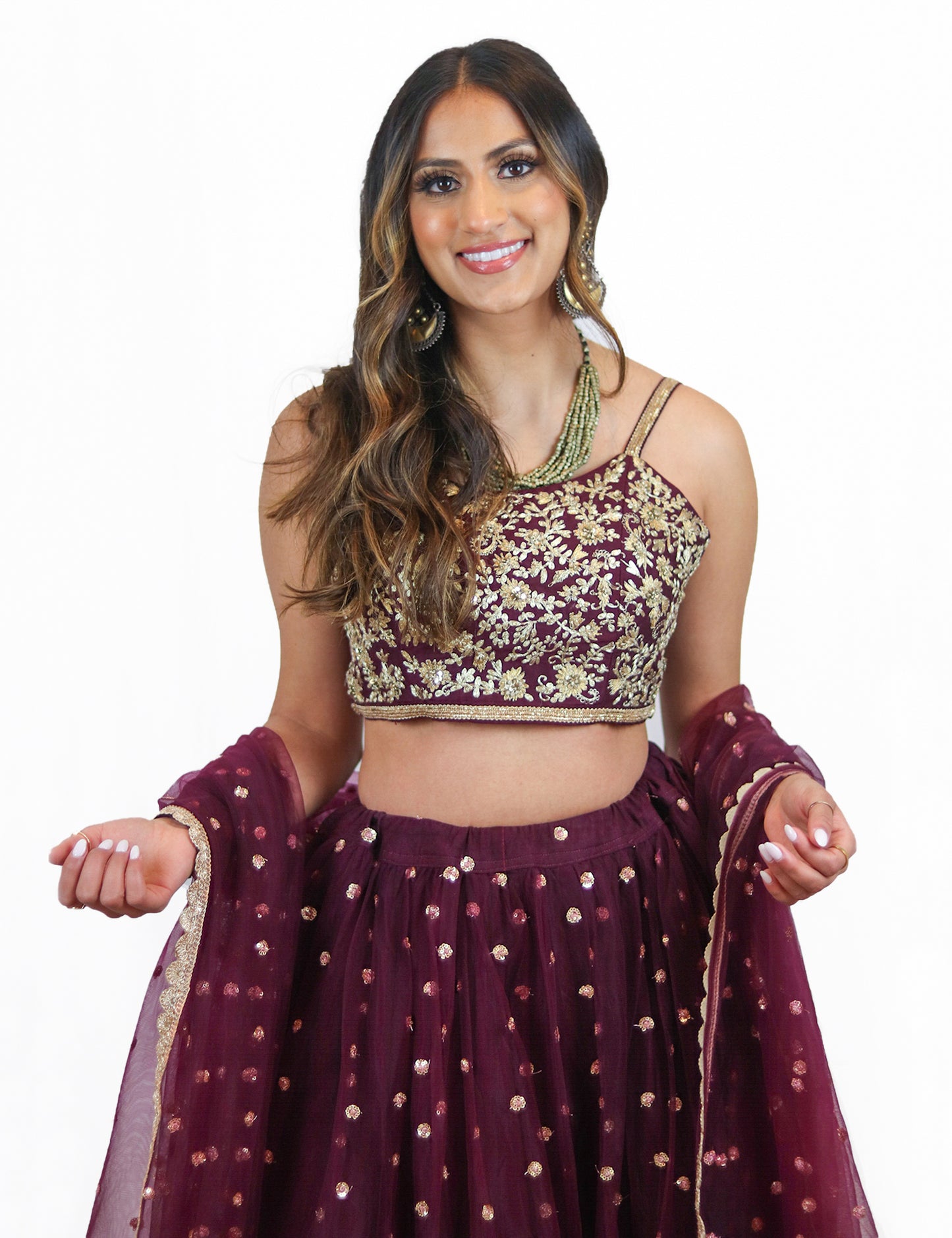 Rent Purple Lehenga Set with Sequin Thread Embroidered Blouse & Tulle Dupatta