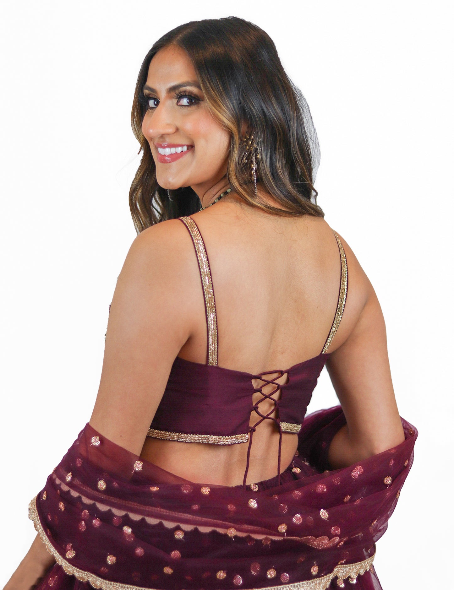 Rent Purple Lehenga Set with Sequin Thread Embroidered Blouse & Tulle Dupatta