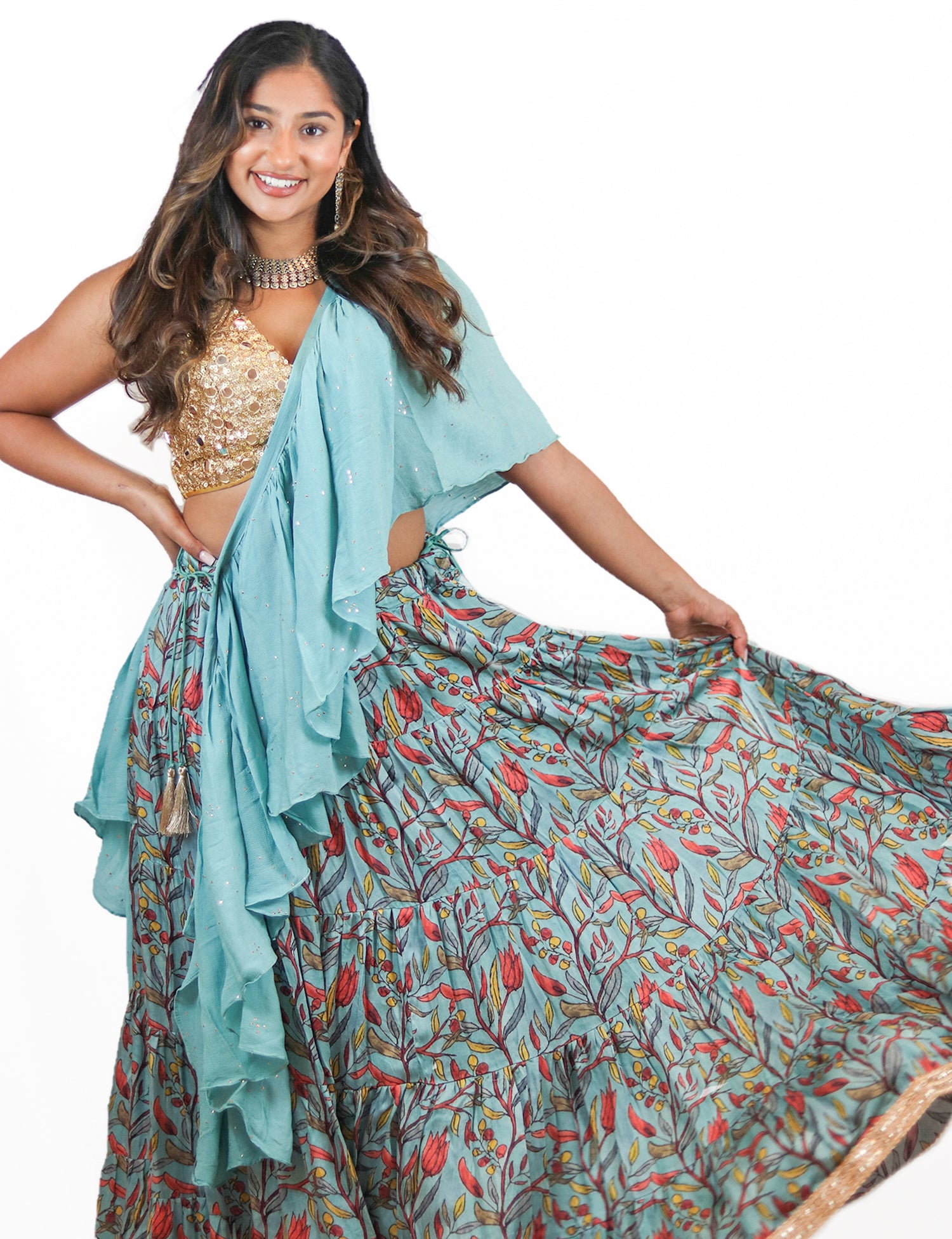 Rent Blue Floral Lehenga & Sequin Blouse with Ruffled Dupatta