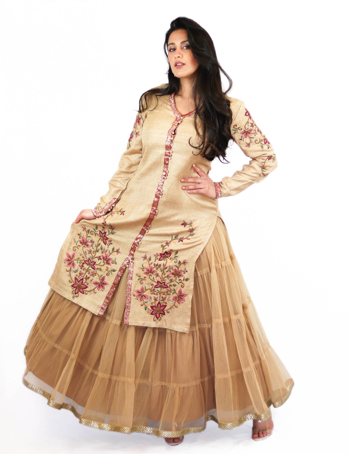 Rent Golden Sherwani with Net Lehenga
