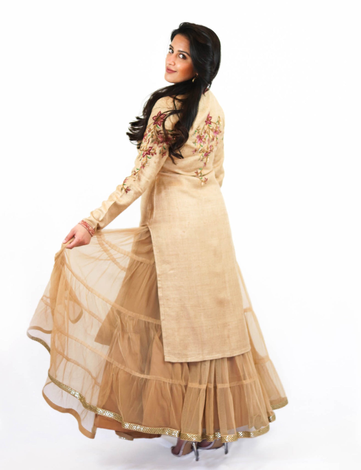 Rent Golden Sherwani with Net Lehenga